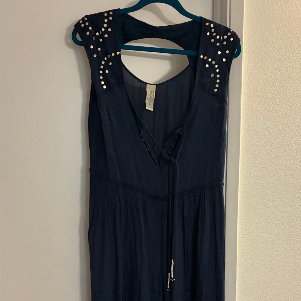 Free People Navy Dotted Fabric Jumpsuit with Mirrored Shoulder Accents XS